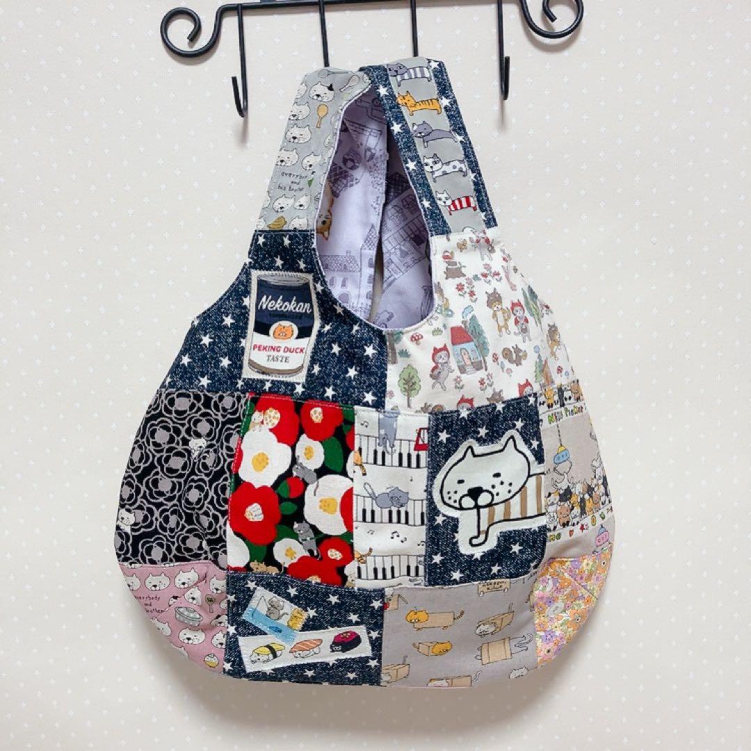 パッチワークグラニーバッグ トートバッグ 猫生地アソート でかねこチャーム付き