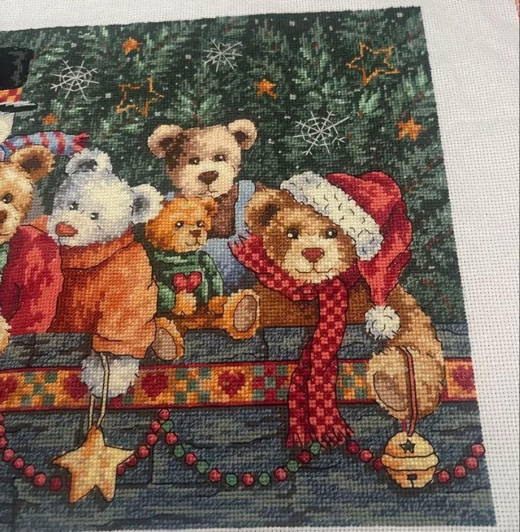 クロスステッチ刺繍 完成品 クリスマスくまちゃん