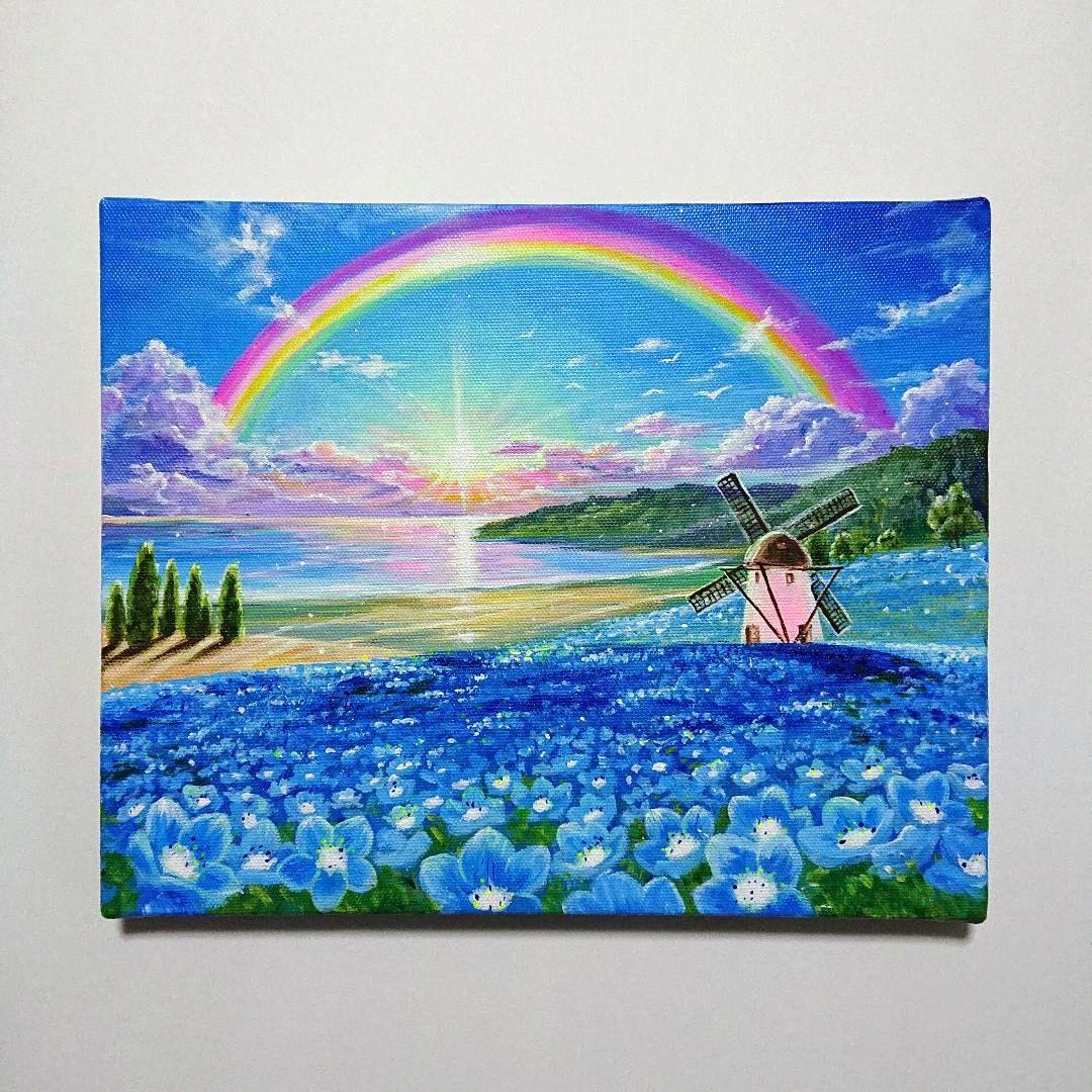 【ネモフィラの輝き】アクリル画 F3 風景画 絵画