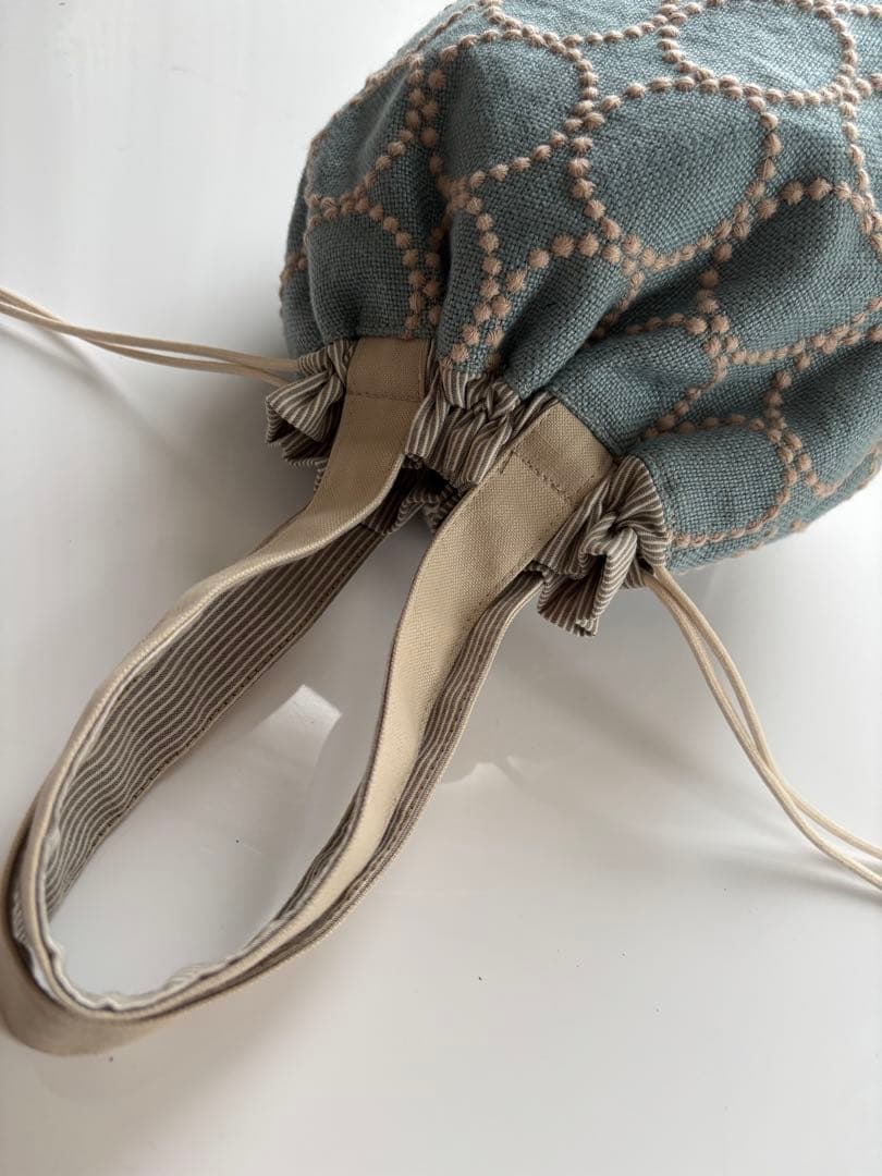 ミナペルホネン tambourine リネン 水色 巾着バッグ ハンドメイド