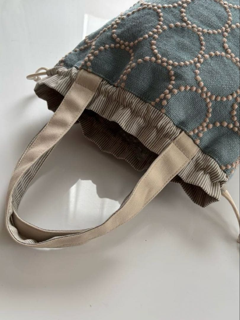 ミナペルホネン tambourine リネン 水色 巾着バッグ ハンドメイド