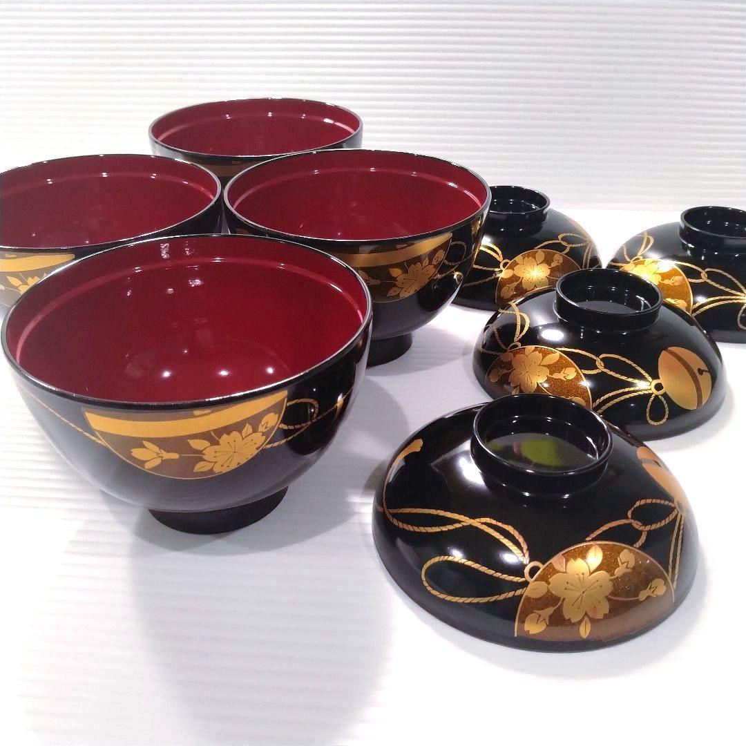 会津塗 漆器 坂本乙造 乙造窯 金彩 蒔絵 蓋付き 汁椀 吸物碗 4客