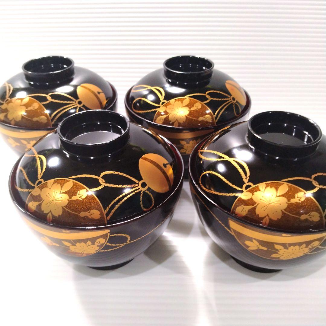 会津塗 漆器 坂本乙造 乙造窯 金彩 蒔絵 蓋付き 汁椀 吸物碗 4客