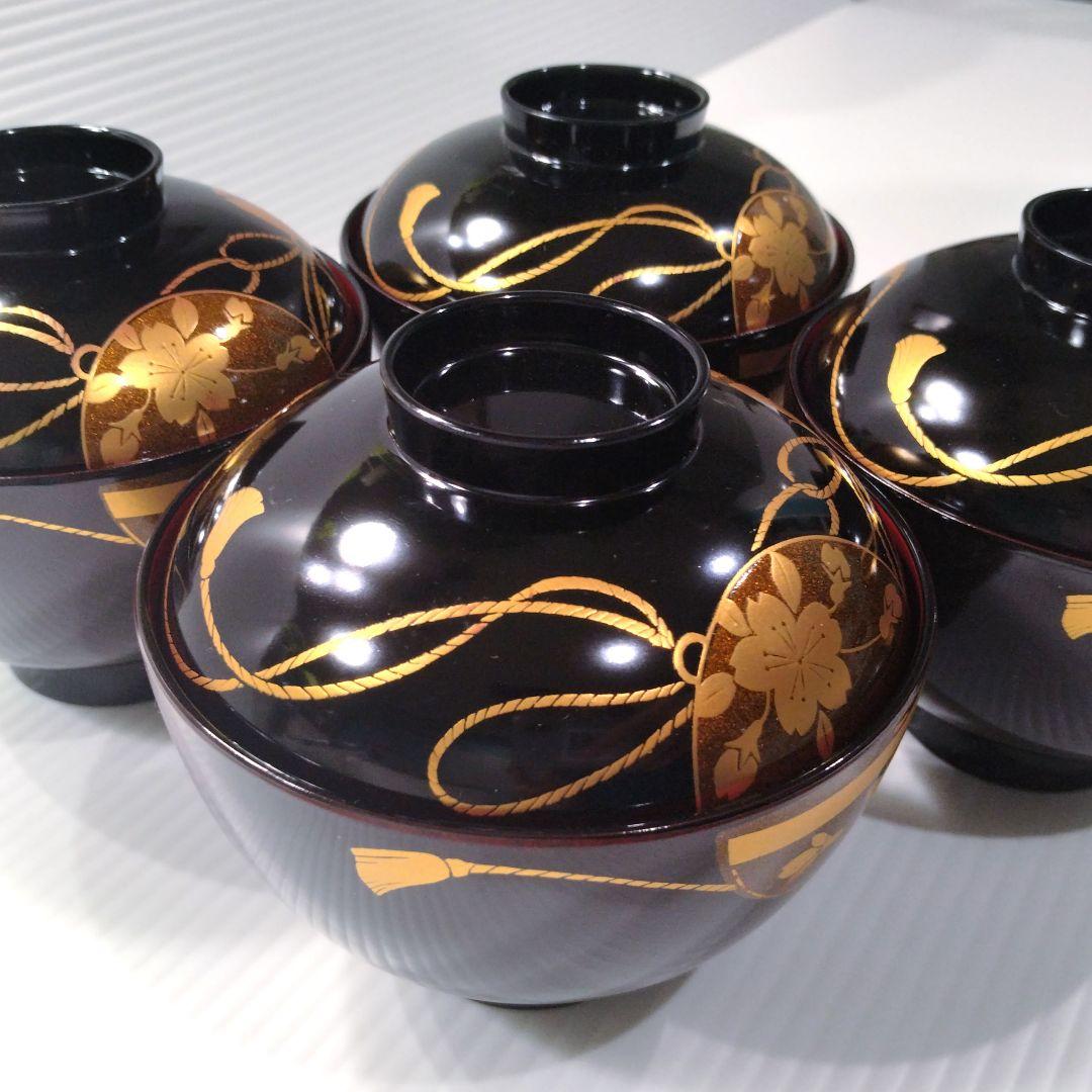 会津塗 漆器 坂本乙造 乙造窯 金彩 蒔絵 蓋付き 汁椀 吸物碗 4客