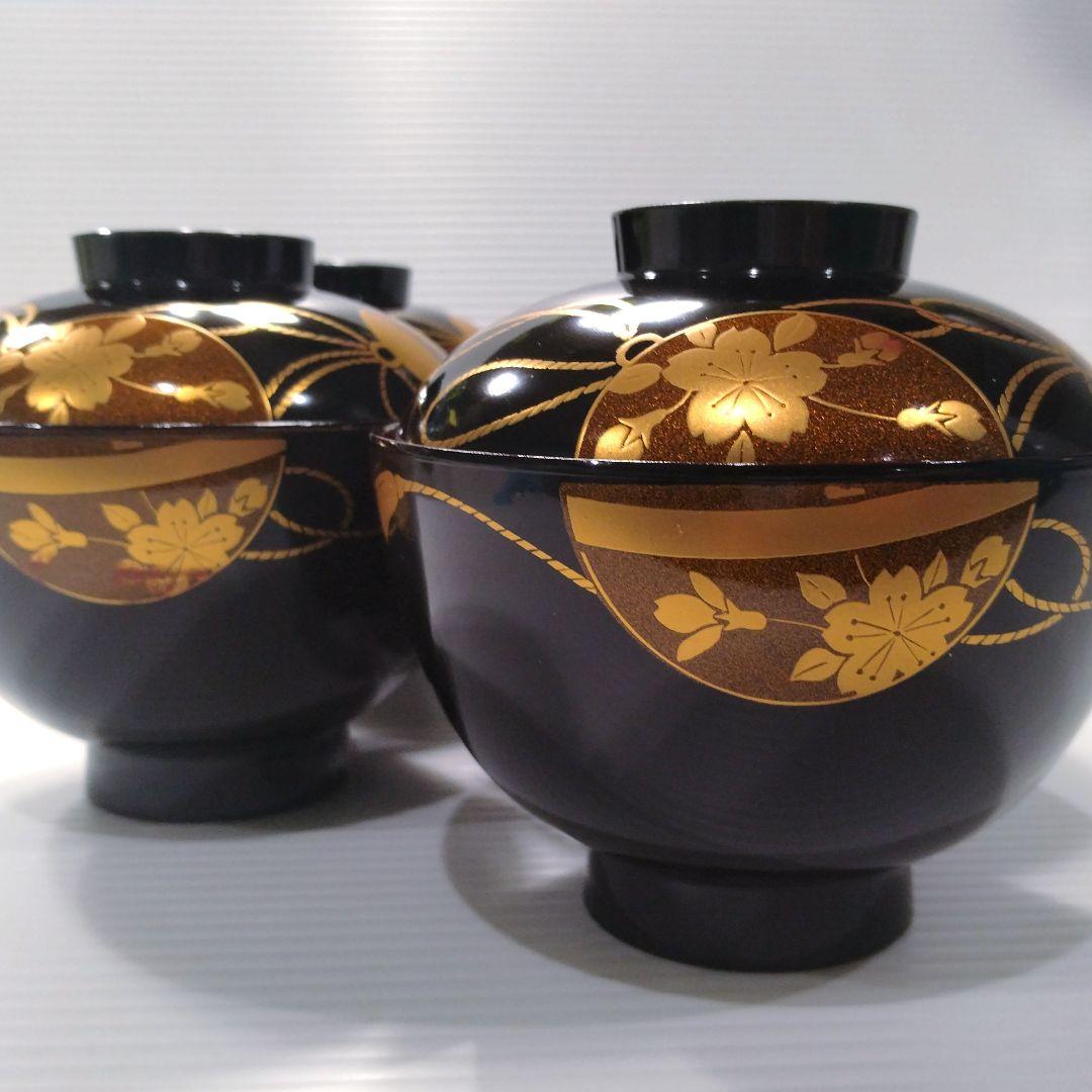 会津塗 漆器 坂本乙造 乙造窯 金彩 蒔絵 蓋付き 汁椀 吸物碗 4客