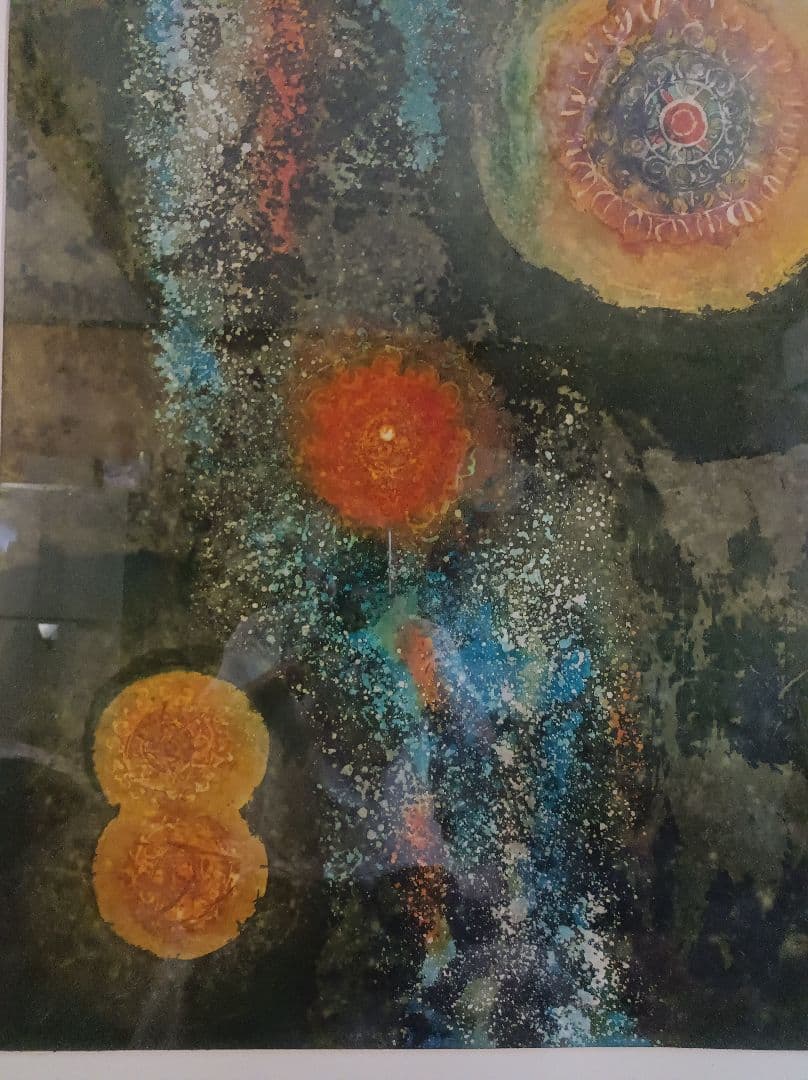 花模様の抽象的な絵画、大、中、小の花柄が織り成す華やかさの絵画