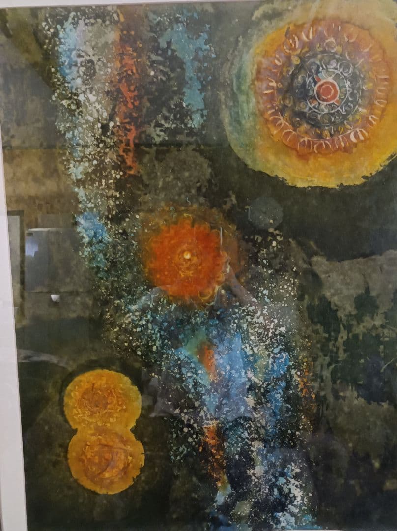 花模様の抽象的な絵画、大、中、小の花柄が織り成す華やかさの絵画