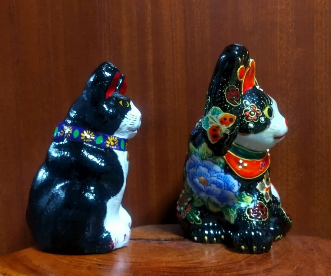 招き猫 ハチワレ２点セット 九谷焼＆三河土人形 美品