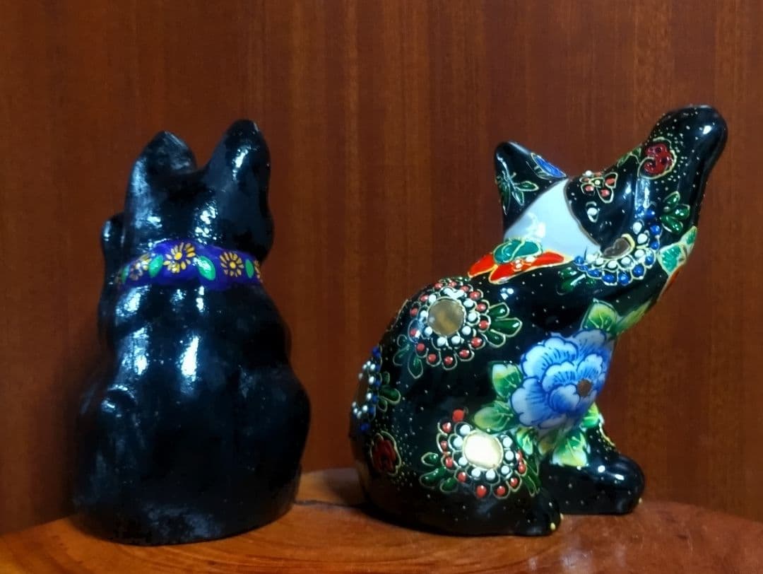 招き猫 ハチワレ２点セット 九谷焼＆三河土人形 美品