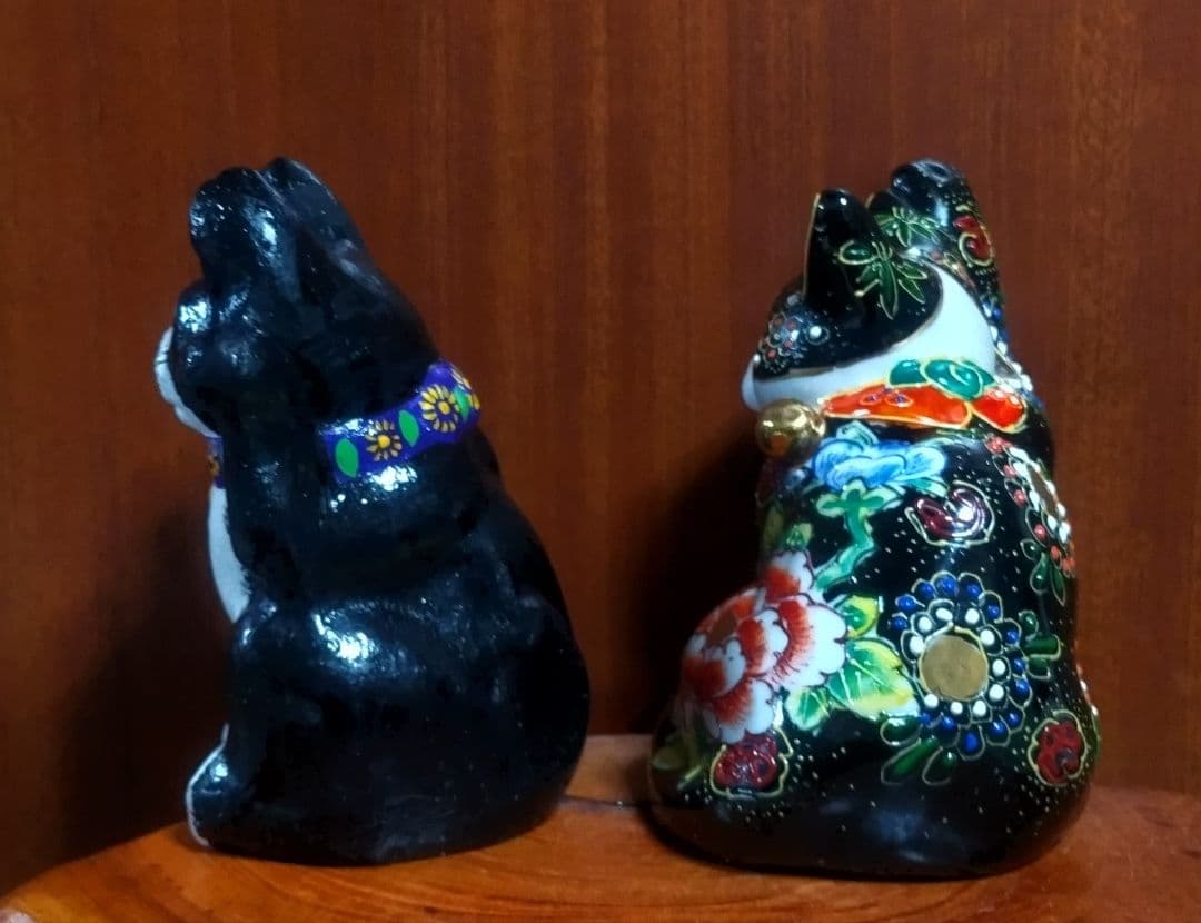 招き猫 ハチワレ２点セット 九谷焼＆三河土人形 美品