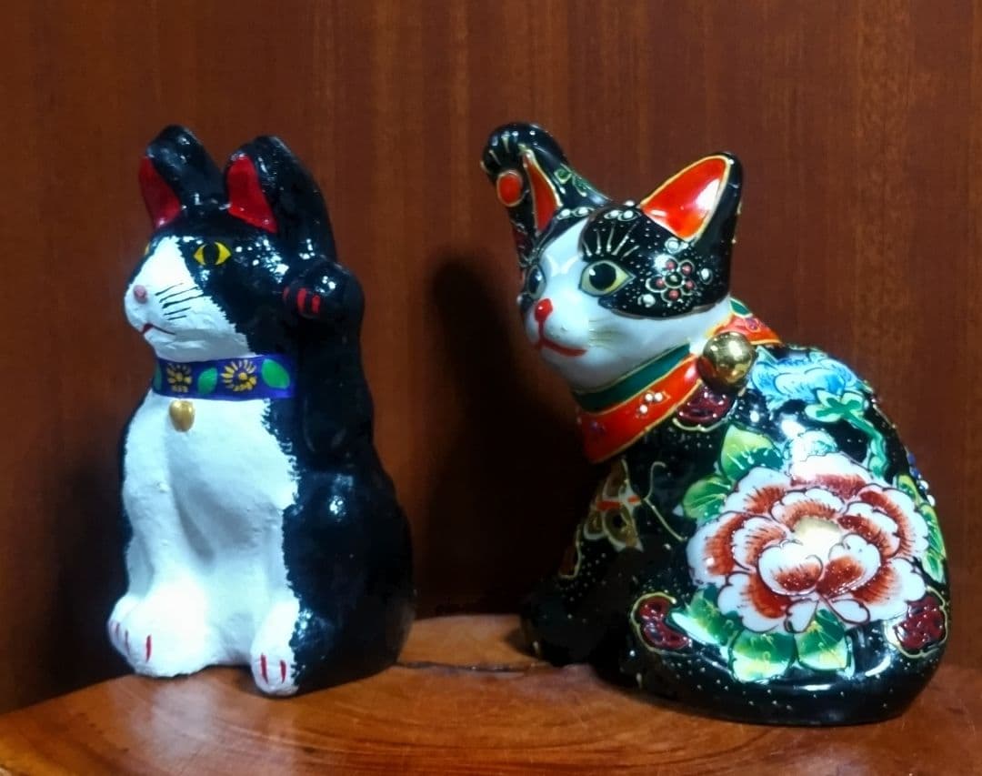 招き猫 ハチワレ２点セット 九谷焼＆三河土人形 美品