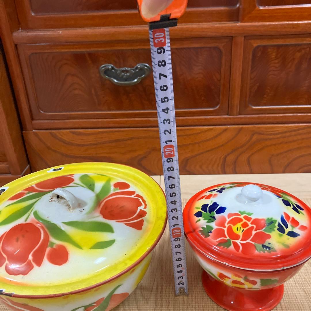 花柄ボウルセット 蓋付き 大中　ホーロー　アンティーク　ビンテージ