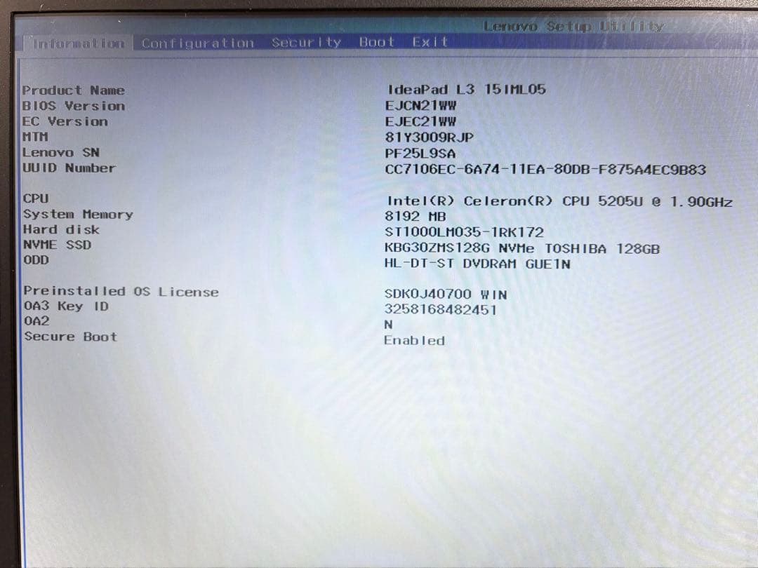 【美品】Lenovo L3【第10世代Celeron/8GB/SSD+HDD】