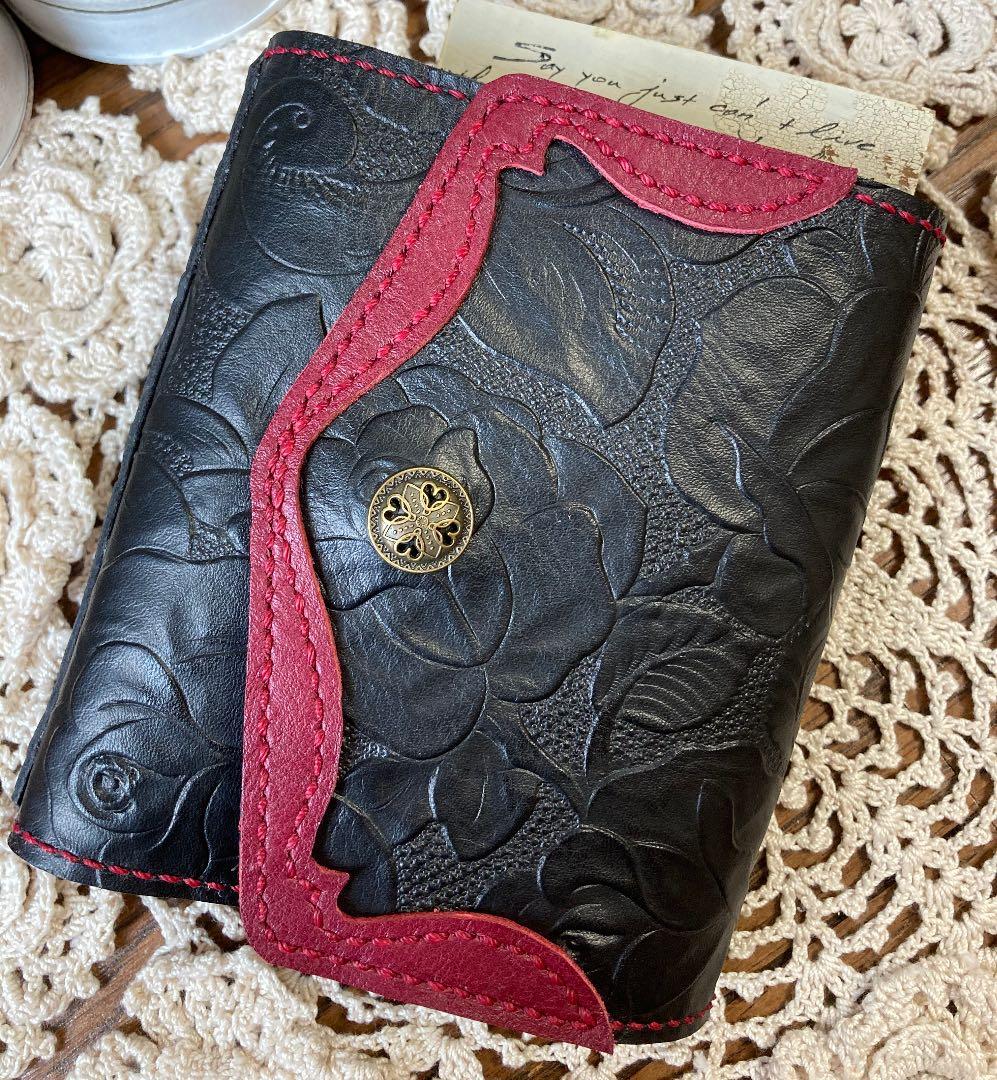 ご確認用　牛革 薔薇型押し　黒 ミニ6 システム手帳　手帳カバー　本革