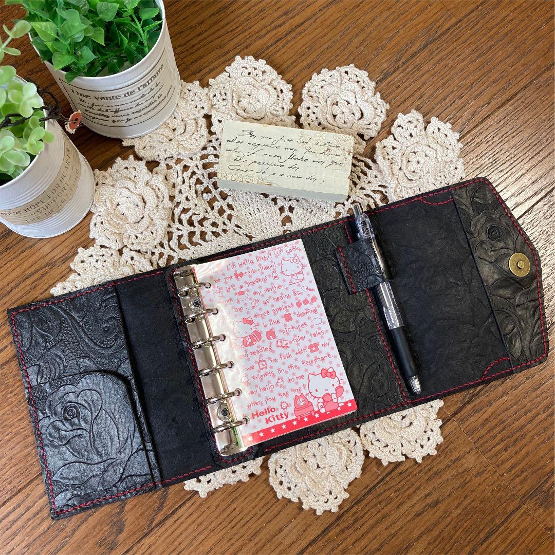 ご確認用　牛革 薔薇型押し　黒 ミニ6 システム手帳　手帳カバー　本革