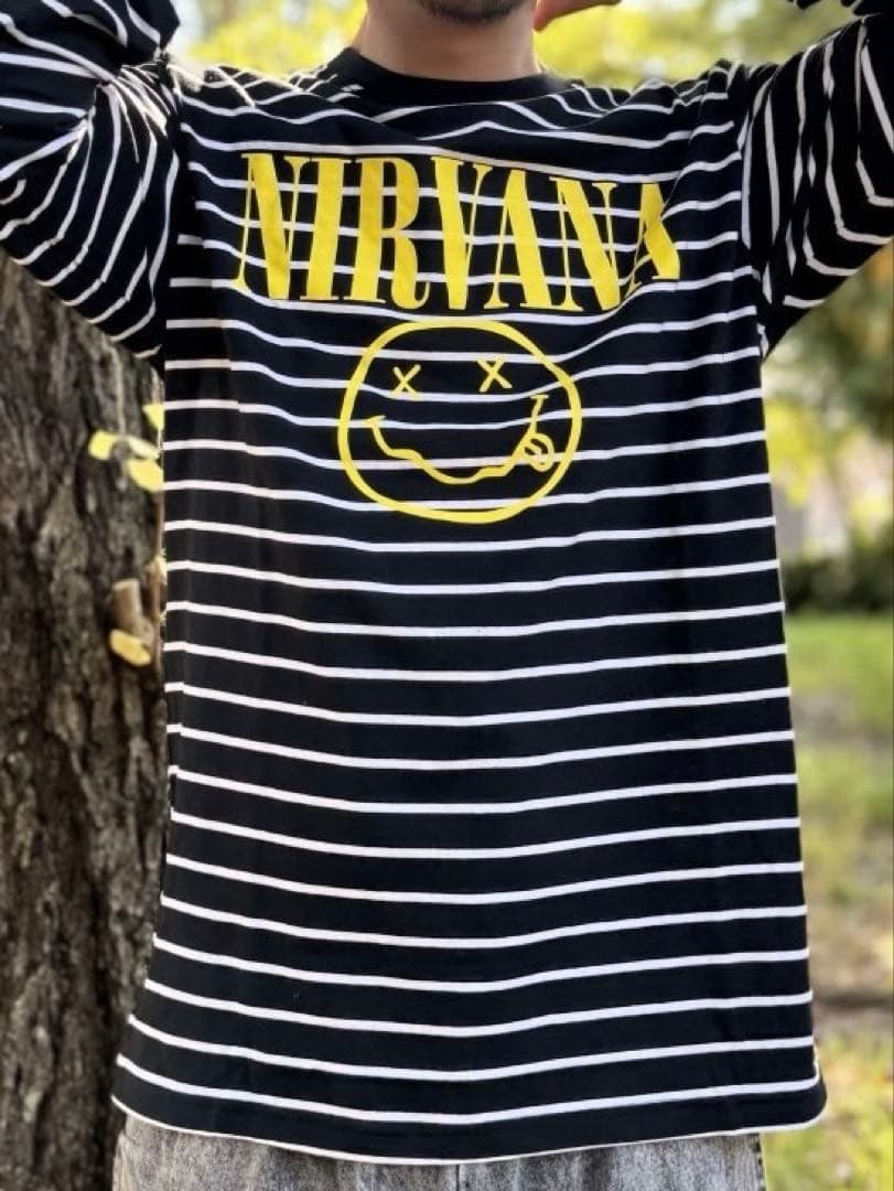 新品未使用 NIRVANA / Happy Face ボーダー長袖Tシャツ M