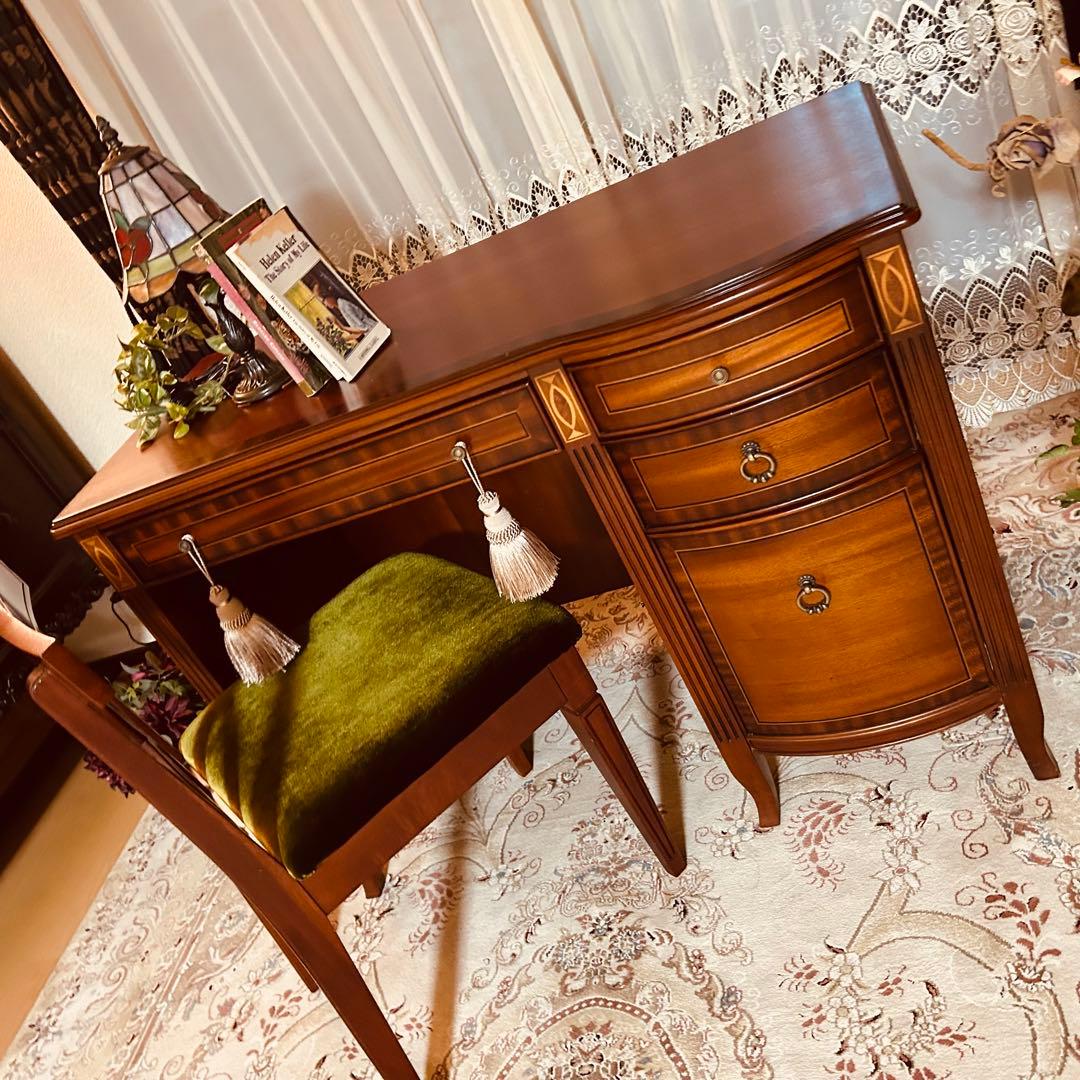 アンティーク　デスク　象嵌　IDC大塚家具 東海家具 机　ドレッサー　片軸デスク