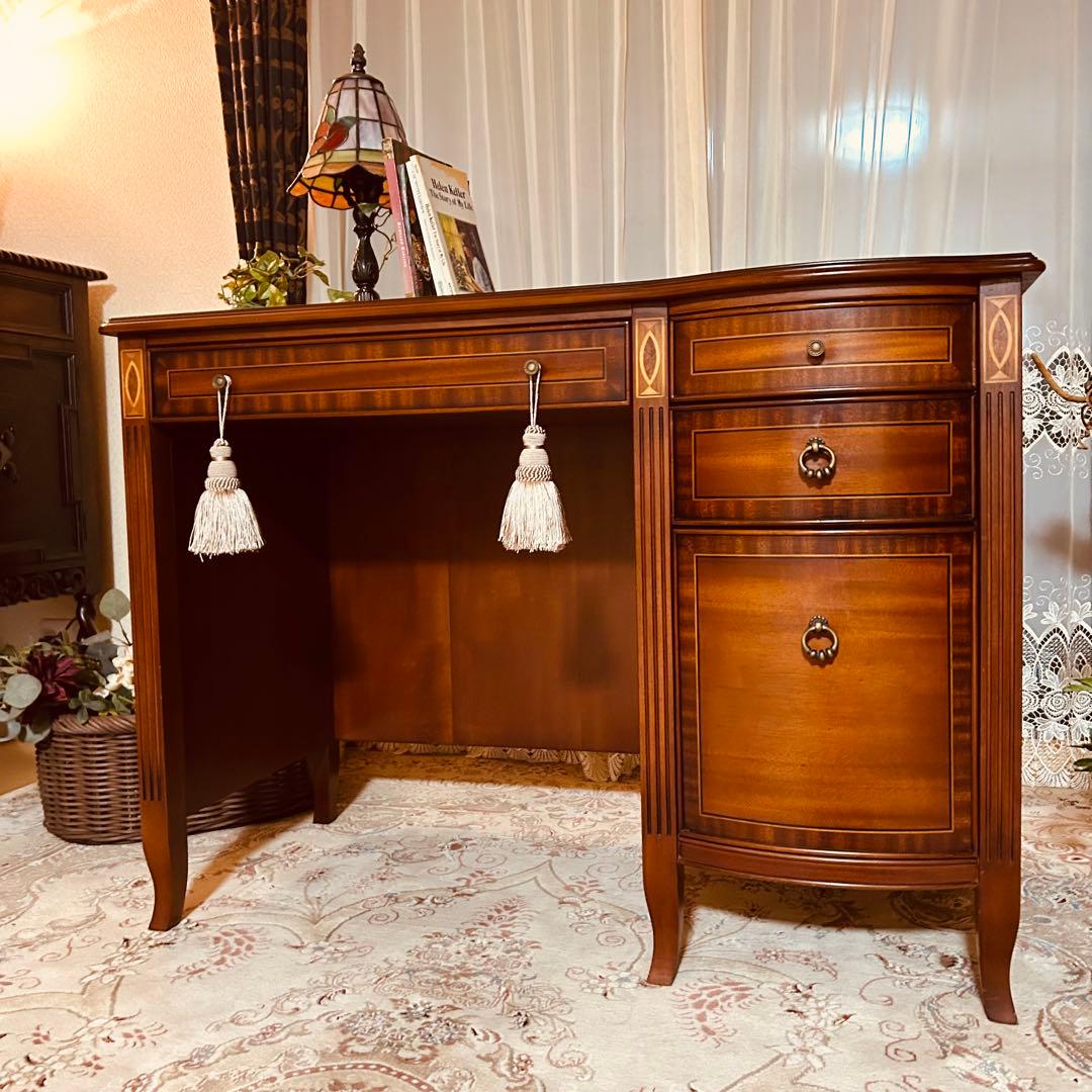 アンティーク　デスク　象嵌　IDC大塚家具 東海家具 机　ドレッサー　片軸デスク