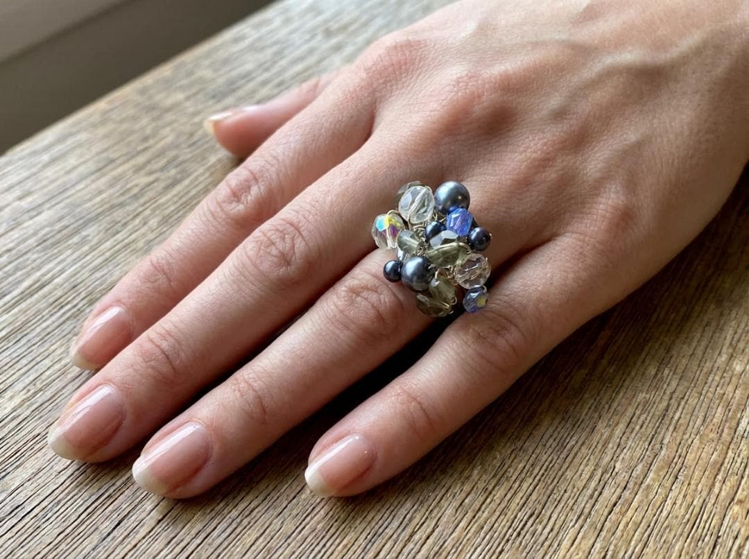 【お買得SALE】Doraハンドメイドビーズリングフリーサイズ調整可ブルー系