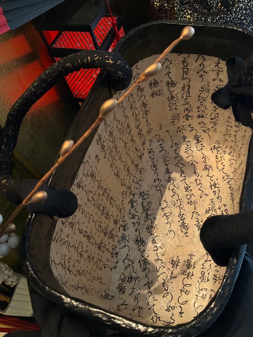 一閑張り　一閑張りバッグ　風神雷神　古文書　和紙　竹籠　籠バッグ　着物　金墨　黒