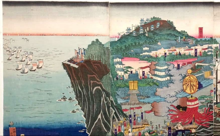 浮世絵版画、高舘大合戦之圖三枚綴り 歌川芳盛画、元治元年出版