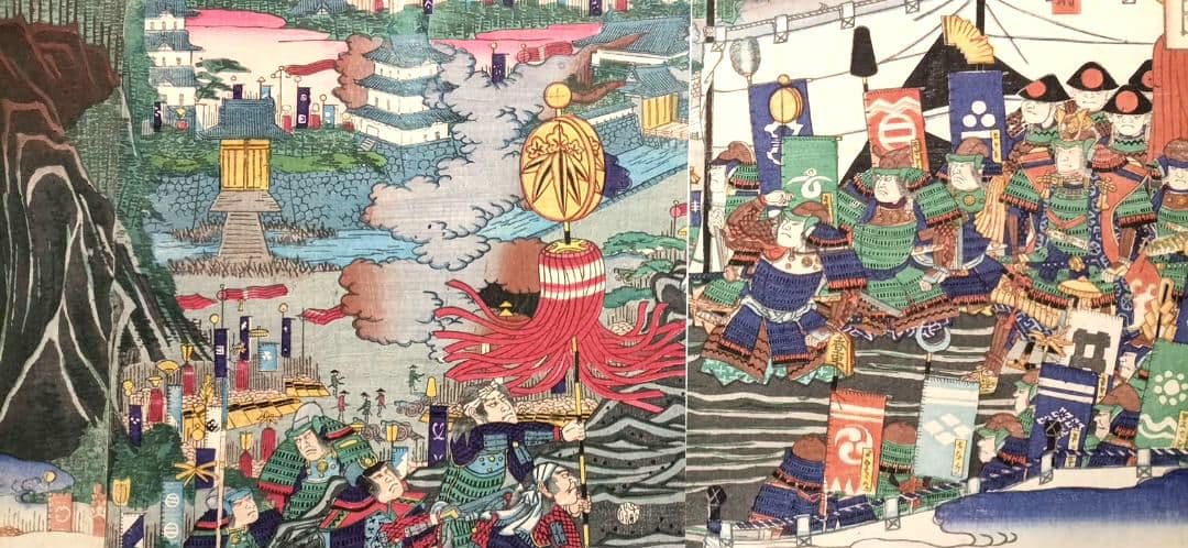 浮世絵版画、高舘大合戦之圖三枚綴り 歌川芳盛画、元治元年出版