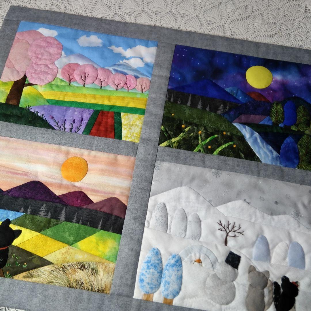 四季の風景タペストリー・猫たち・パッチワークキルト59×48