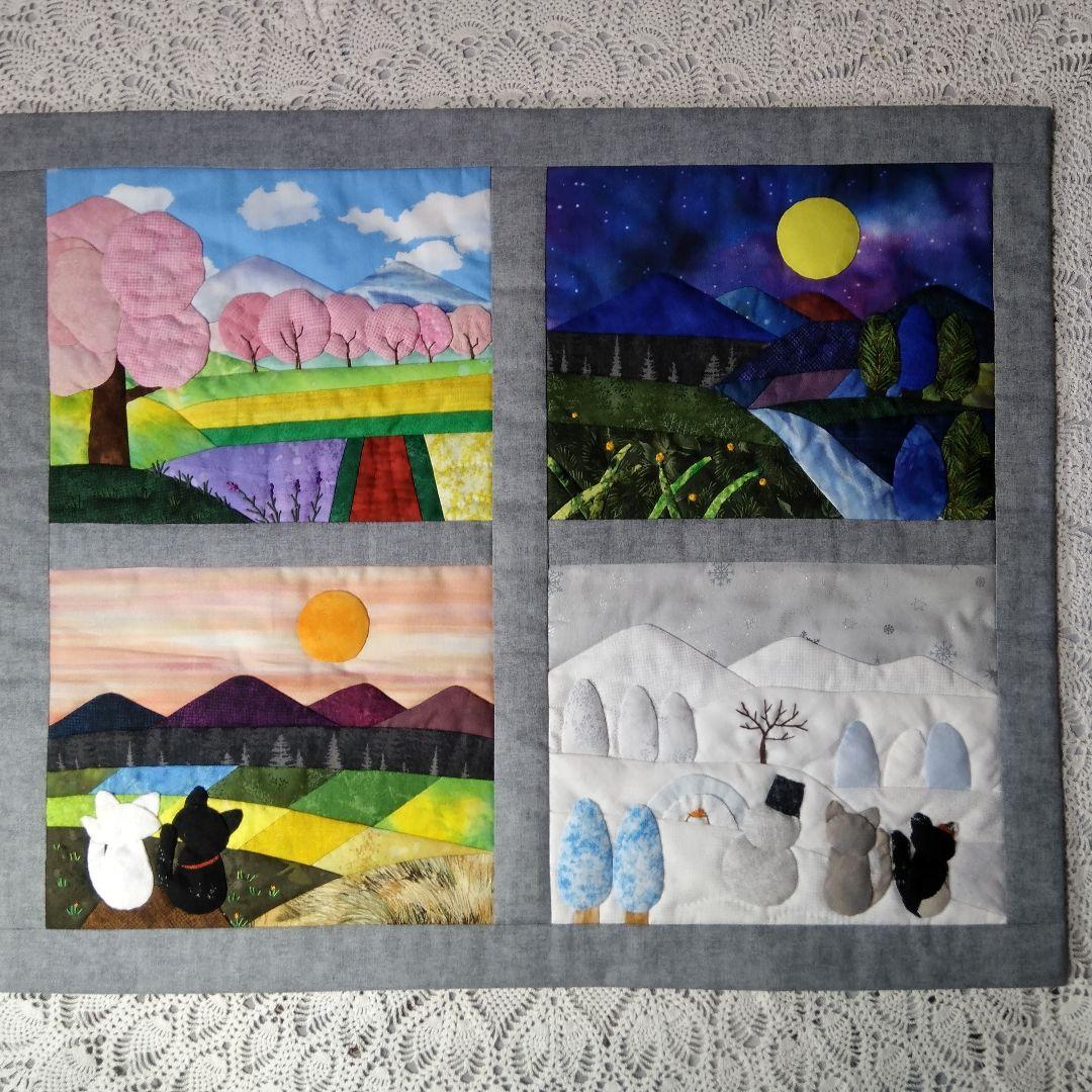 四季の風景タペストリー・猫たち・パッチワークキルト59×48