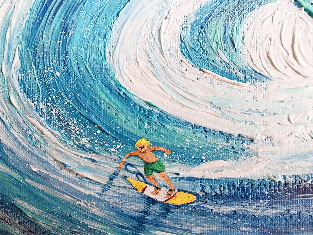 サーフィンの絵　世界で１枚　アクリル画　風景画　サーフィン　テクスチャーアート