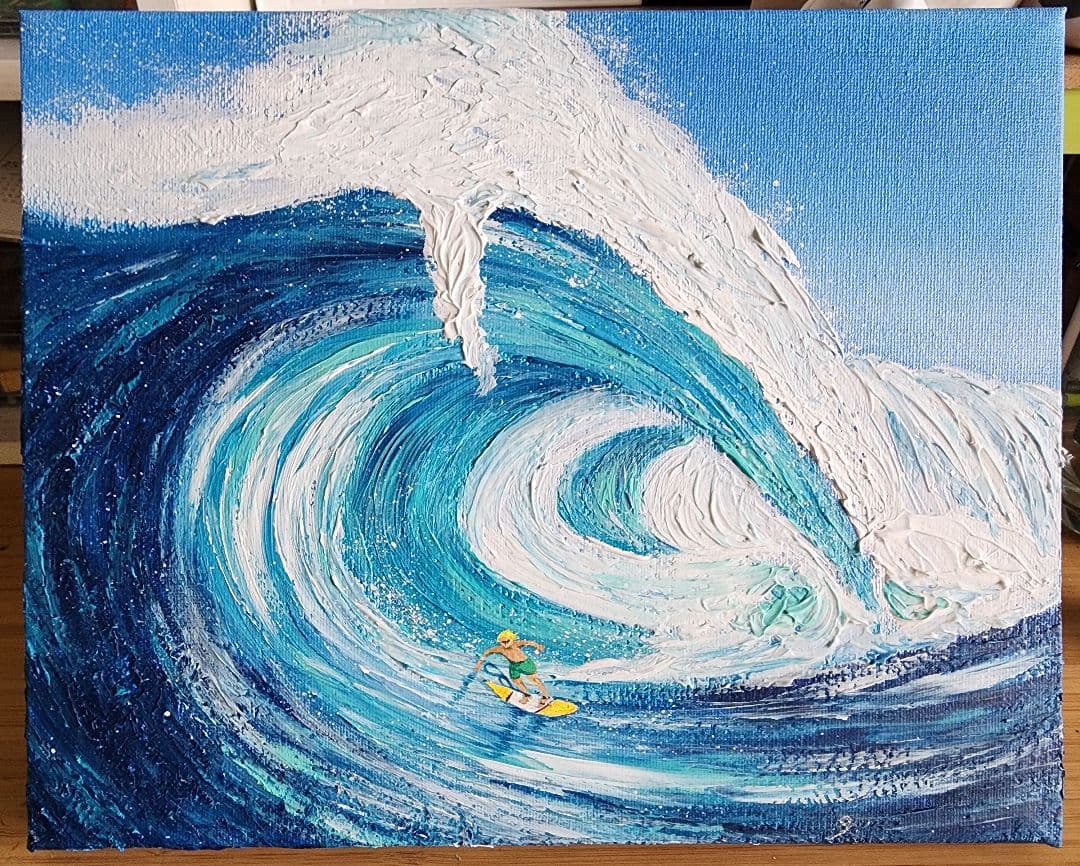 サーフィンの絵　世界で１枚　アクリル画　風景画　サーフィン　テクスチャーアート