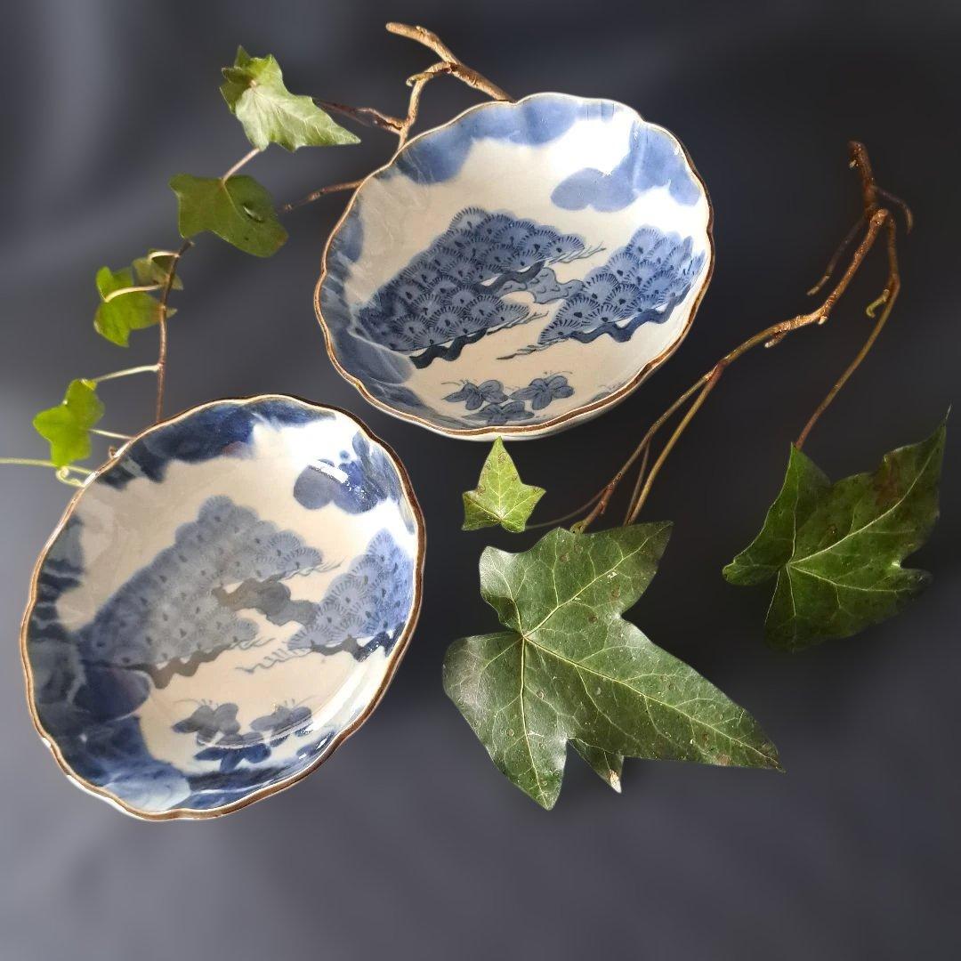 「松葉の楽しいデザイン！」 古伊万里皿(直径15cm) 2客セット 骨董アンティ