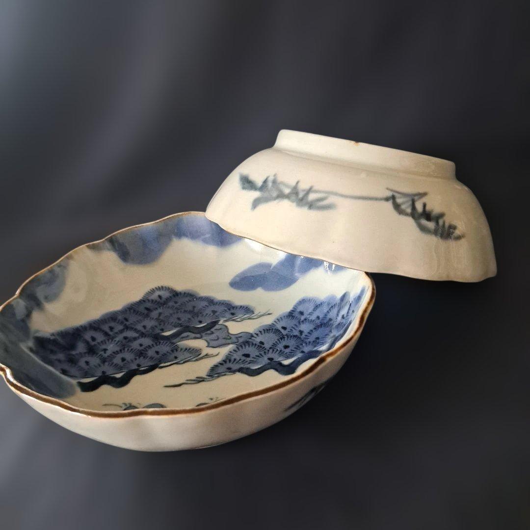 「松葉の楽しいデザイン！」 古伊万里皿(直径15cm) 2客セット 骨董アンティ