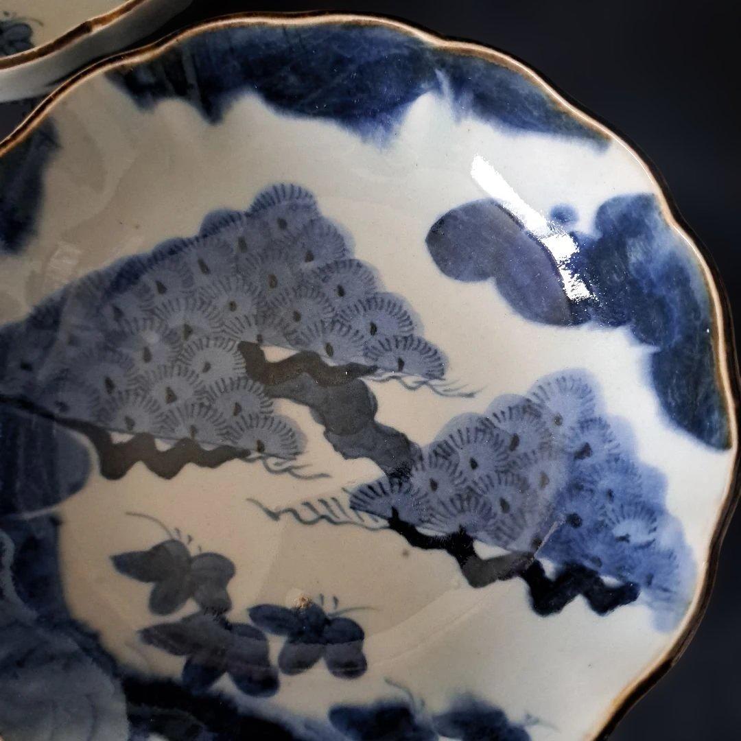 「松葉の楽しいデザイン！」 古伊万里皿(直径15cm) 2客セット 骨董アンティ