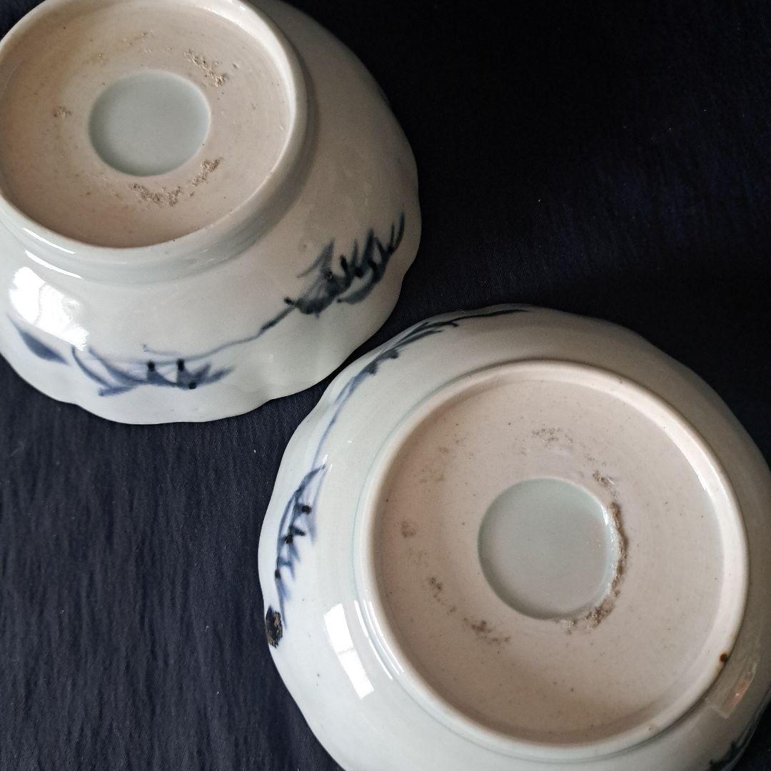 「松葉の楽しいデザイン！」 古伊万里皿(直径15cm) 2客セット 骨董アンティ