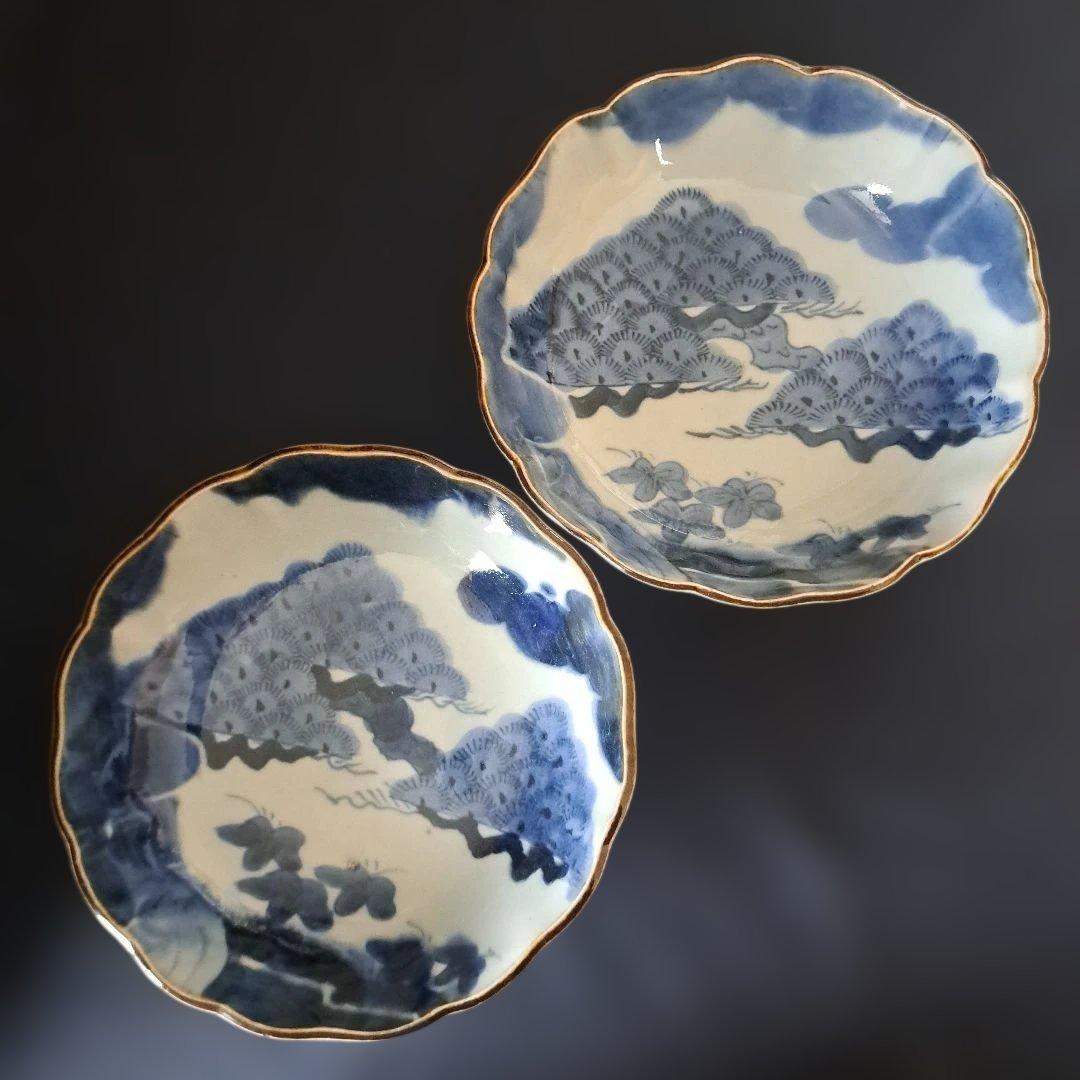 「松葉の楽しいデザイン！」 古伊万里皿(直径15cm) 2客セット 骨董アンティ