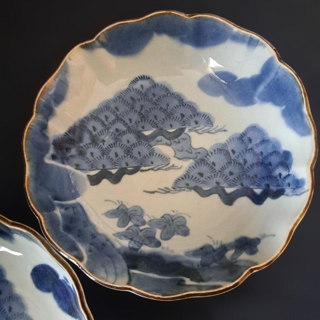 「松葉の楽しいデザイン！」 古伊万里皿(直径15cm) 2客セット 骨董アンティ