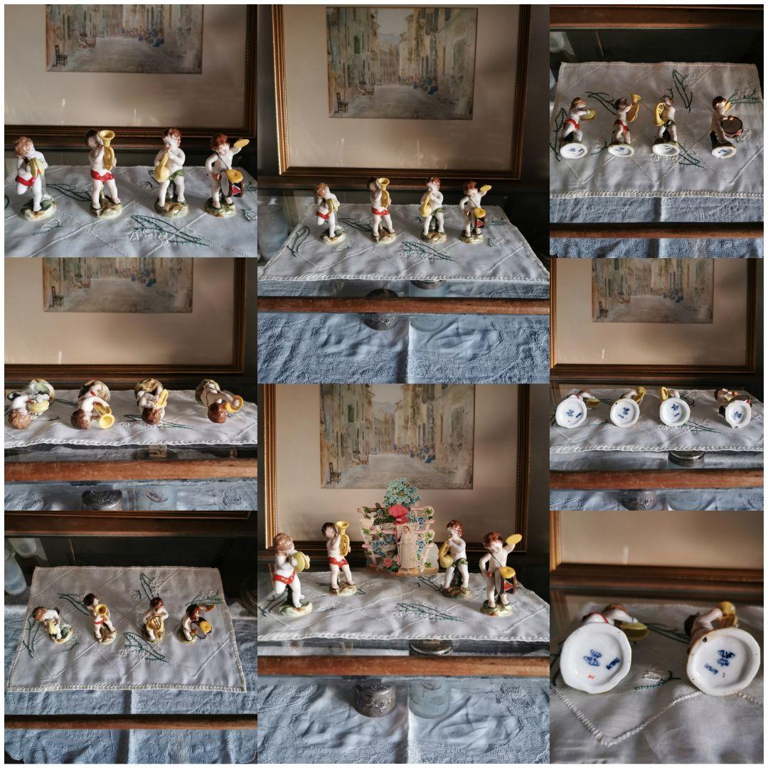 アンティークドイツ子供天使吹奏楽隊フィギュリン ペット＆ホルン＆ドラム＆シンバル