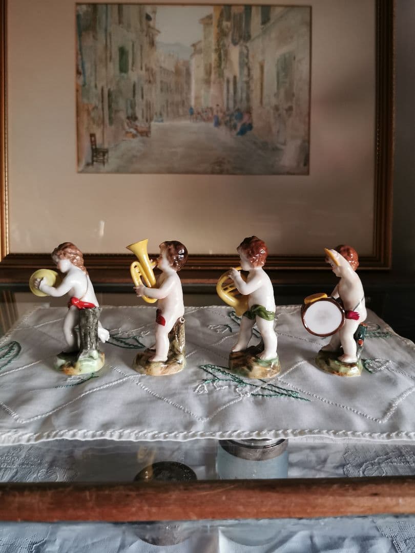 アンティークドイツ子供天使吹奏楽隊フィギュリン ペット＆ホルン＆ドラム＆シンバル