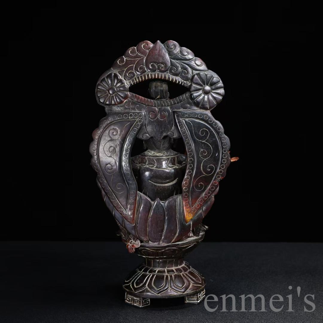 中国古美術『旧蔵 牛角彫刻 蓮花観音像置物』仏教美術 彫刻 極細工 古玩 古美味