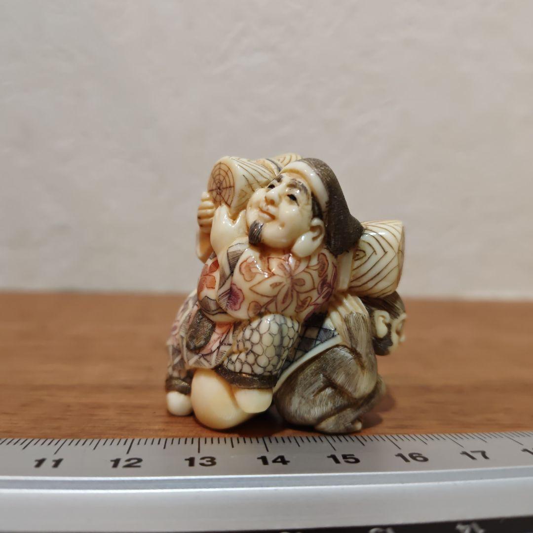 時代提物 七福神根付 天然素材 在銘【大黒様と猿】高4.5cm重39ｇ☆縁起物☆
