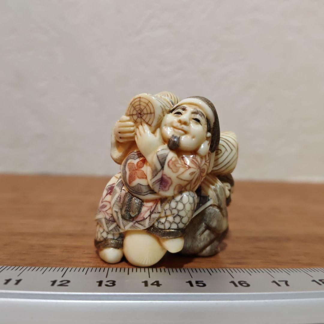 時代提物 七福神根付 天然素材 在銘【大黒様と猿】高4.5cm重39ｇ☆縁起物☆