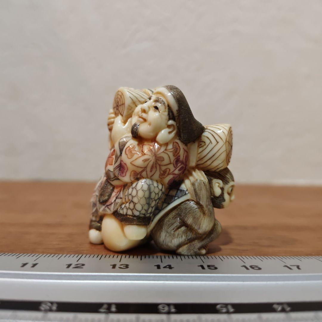 時代提物 七福神根付 天然素材 在銘【大黒様と猿】高4.5cm重39ｇ☆縁起物☆