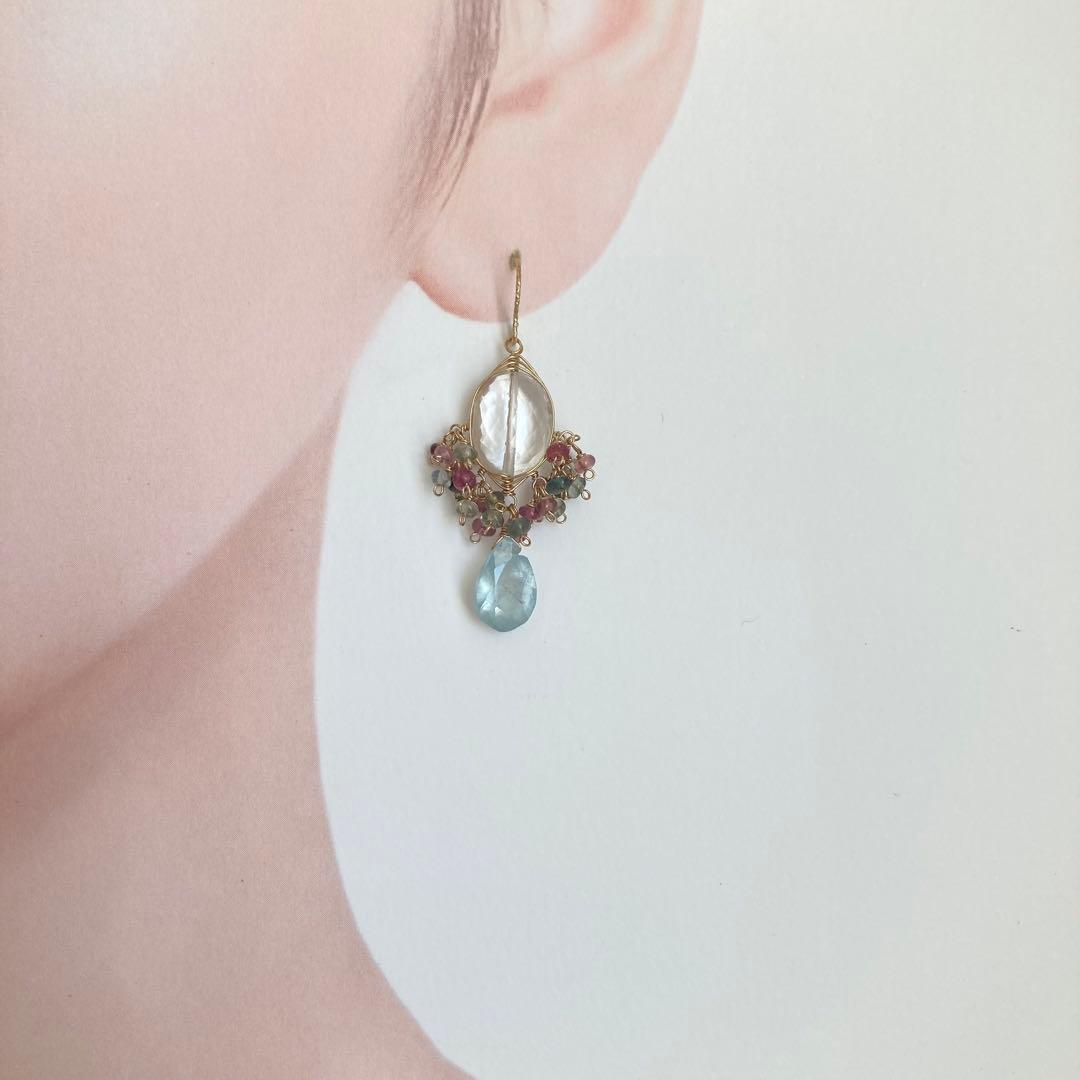 14kgf トルマリンとシンデレラアクアマリンのピアス