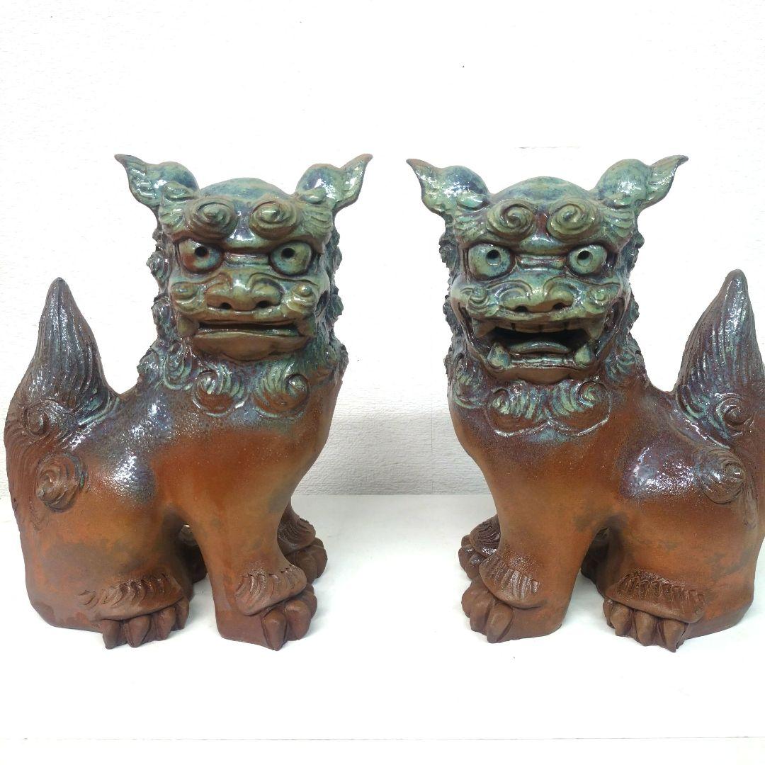 陶器製獅子像 茶色と青緑