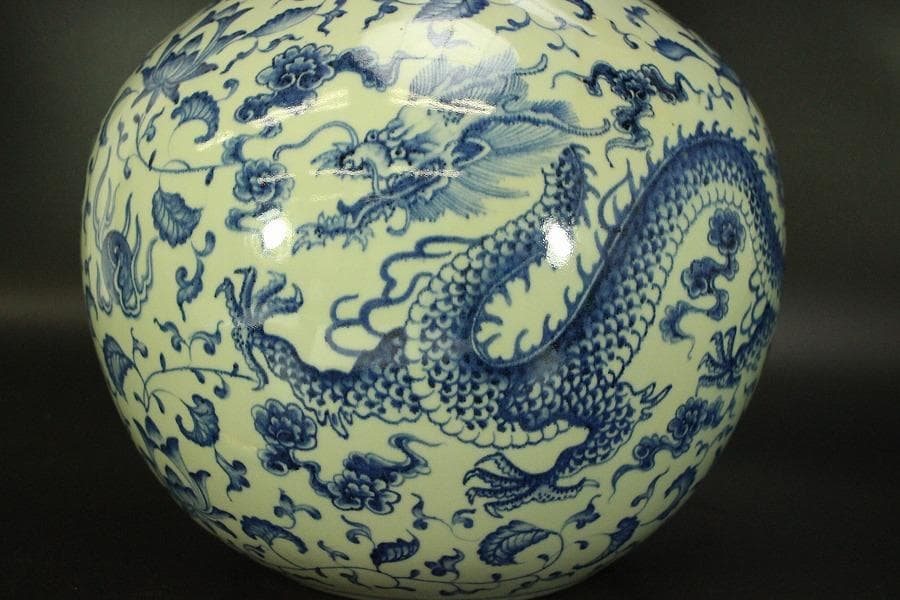 中国美術 青花 纏枝蓮花龍紋 瓶 高44cm(A365)