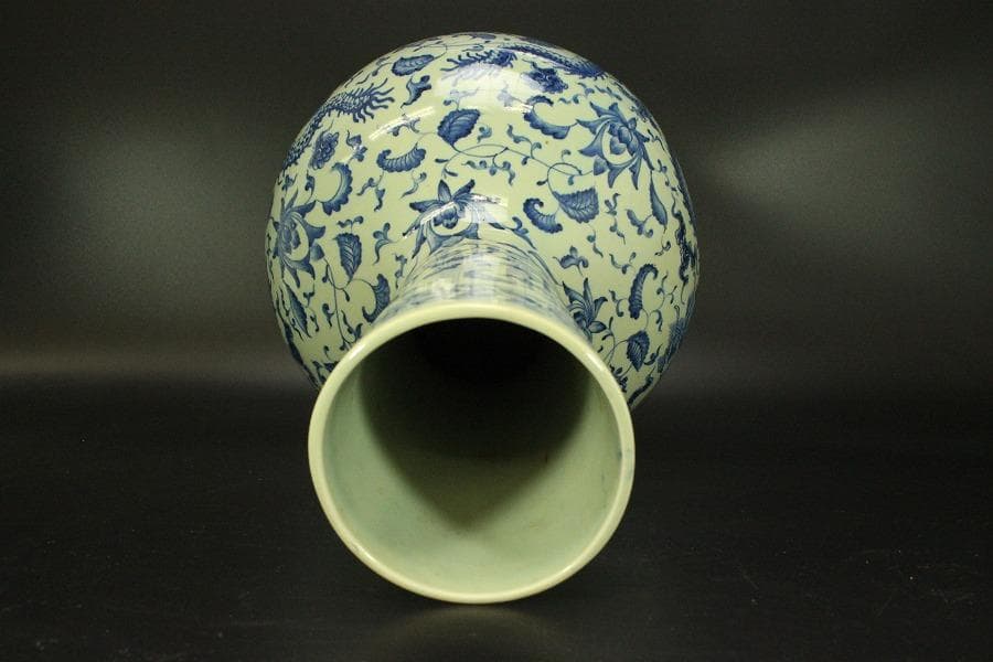 中国美術 青花 纏枝蓮花龍紋 瓶 高44cm(A365)