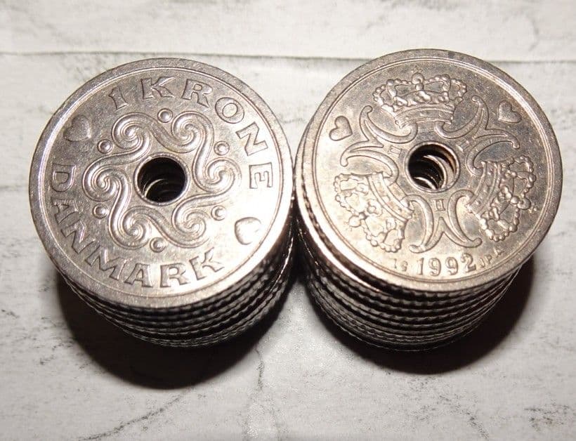 デンマーク硬貨【1クローネ 20枚(1992年)】 約20mm d