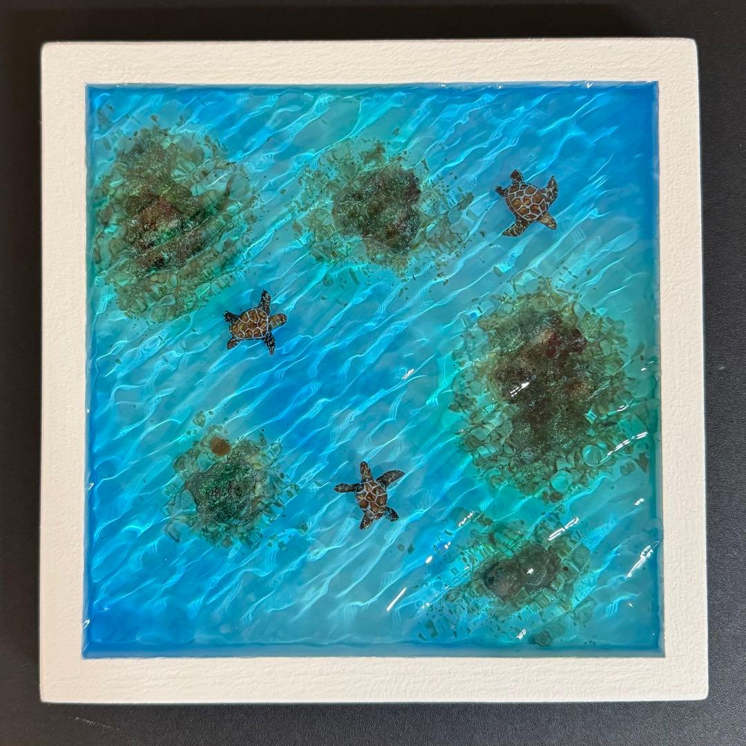 ウミガメ レジンアート オーシャンアート ホヌ 海 アート 波紋 アートパネル