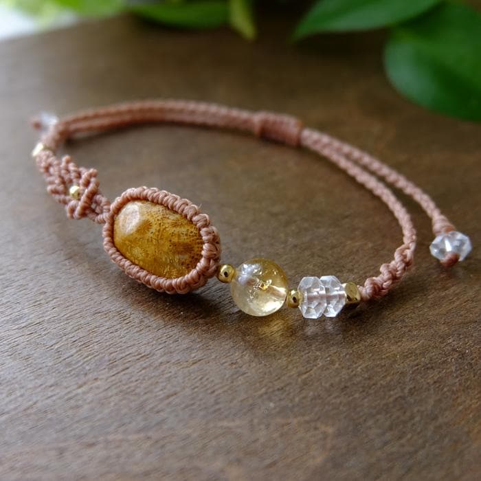 フォッシルコーラル（インドネシア産）・天然シトリン マクラメブレスレット3818