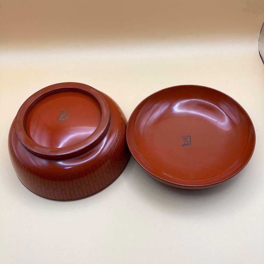 輪島塗　網目　蓋つき煮物椀　手描き　5客